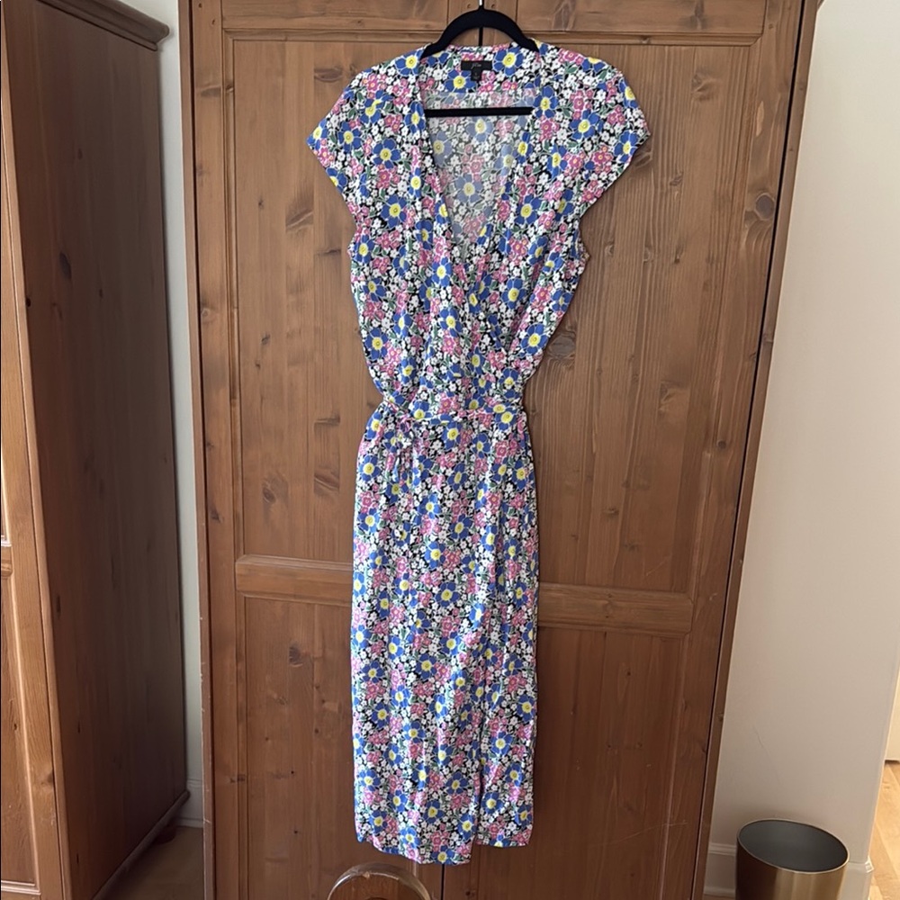 J. Crew Blue and White Midi Wrap Sundress with Flutter Cap Sleeves